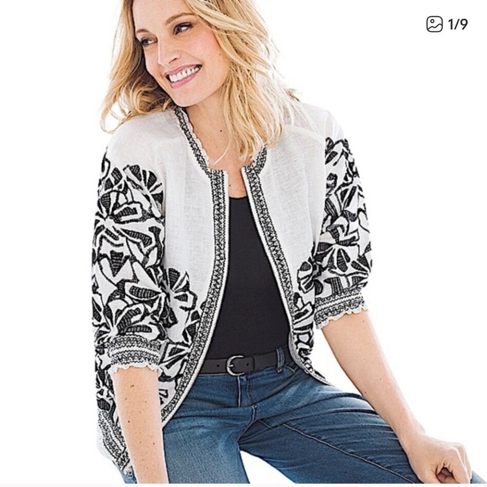 CHICO’S Embroidered Smocked Jacket 3/4 Sleeves White/Black Size 1 Medium